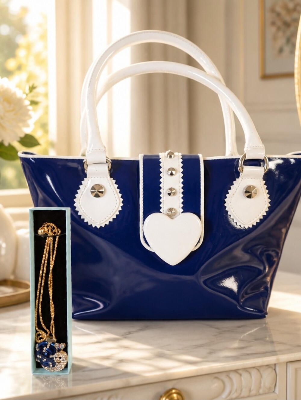 Betsey Johnson Navy Patent Tote with White Heart Accent And Betsey Johnson Neckl